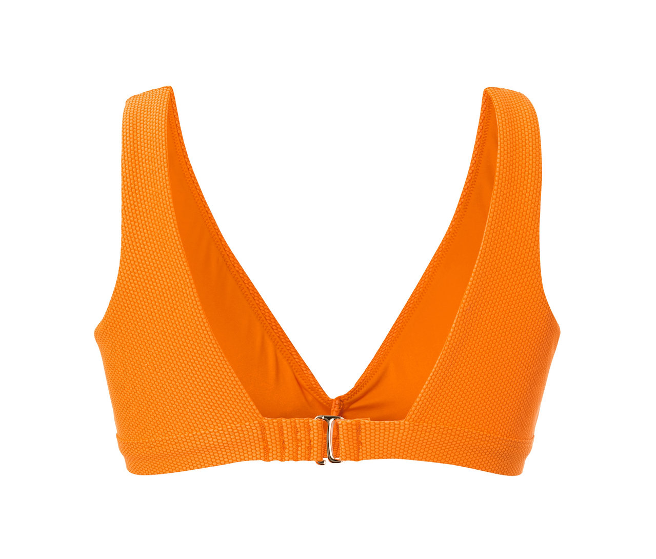 Detailansicht eines orangefarbenen Bikinitops mit strukturierter Oberfläche.