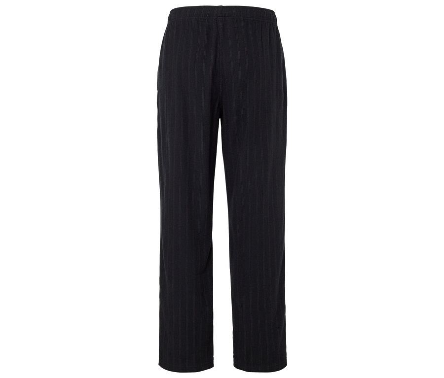 Schwarze, gestreifte Hose mit elastischem Bund.