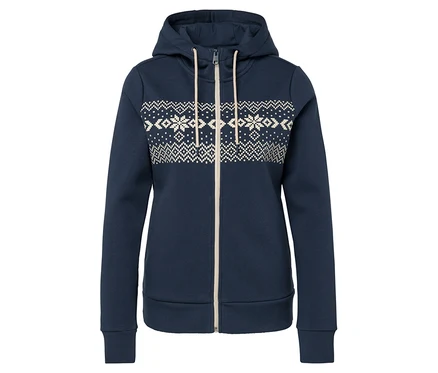 Marineblaue Kapuzenjacke mit Reißverschluss und weißem Muster.