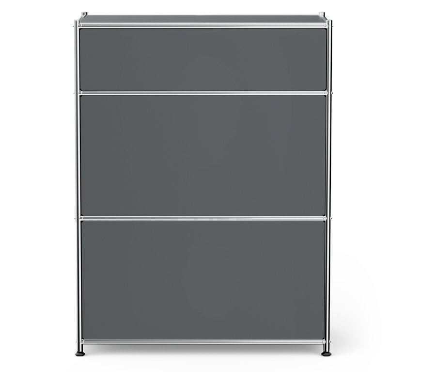 Ein grauer Schrank mit drei Regalen und einem Metallrahmen.