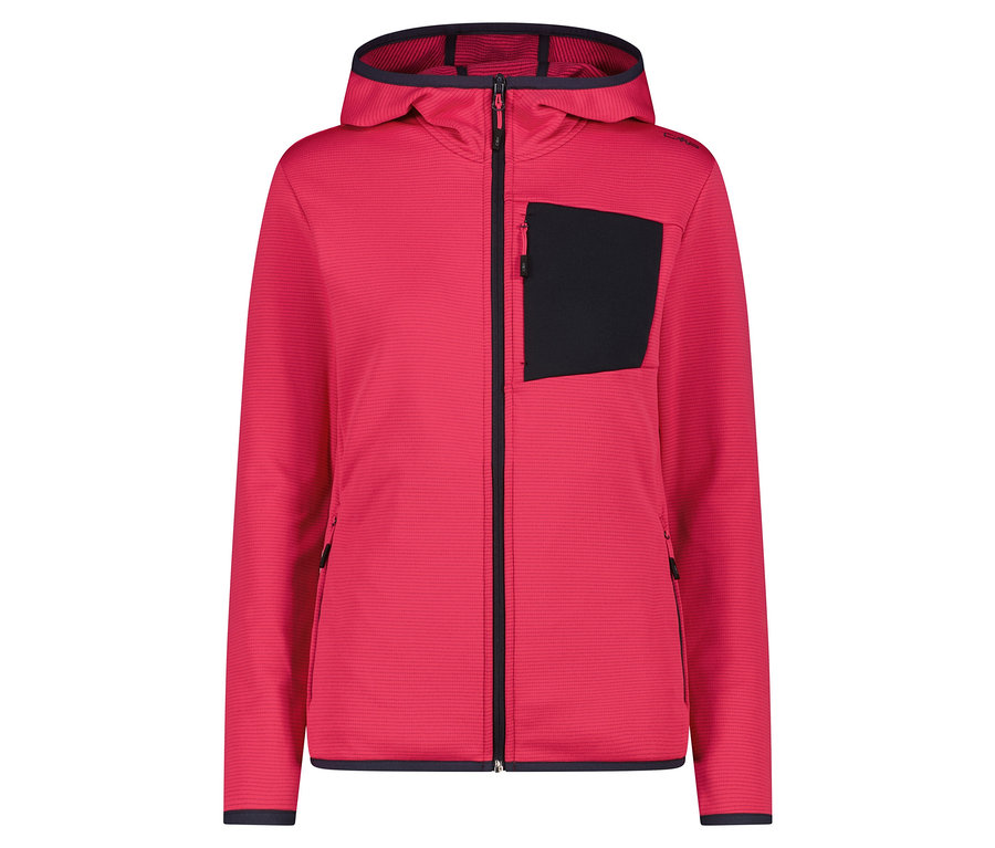 Rosa Kapuzenjacke mit schwarzer Brusttasche.