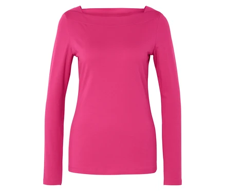 Pinkes Langarmshirt mit weitem Ausschnitt.
