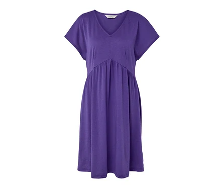 Lila Jerseykleid mit kurzen Ärmeln und V-Ausschnitt.