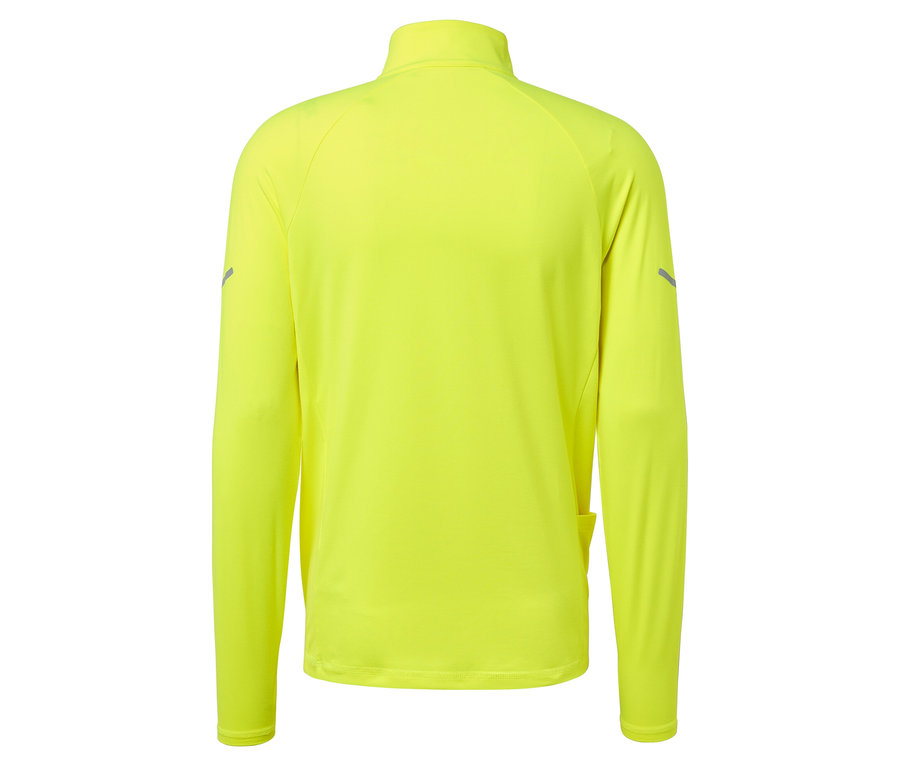 Rückansicht eines neongelben, langärmligen Laufshirts mit Reißverschluss am Hals.