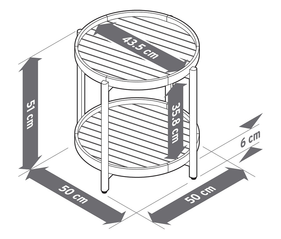 Draufsicht eines zweistöckigen Beistelltisches mit Größenangaben.