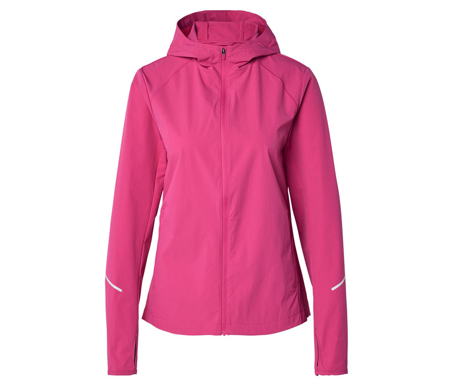 Pinke, gefütterte Jacke mit Kapuze und Reißverschluss vorne, Ärmel mit reflektierenden Details.