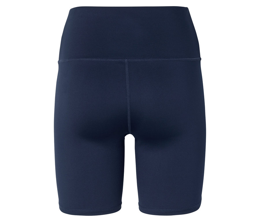 Nahaufnahme der Rückseite von marineblauen, eng anliegenden Shorts mit hoher Taille.