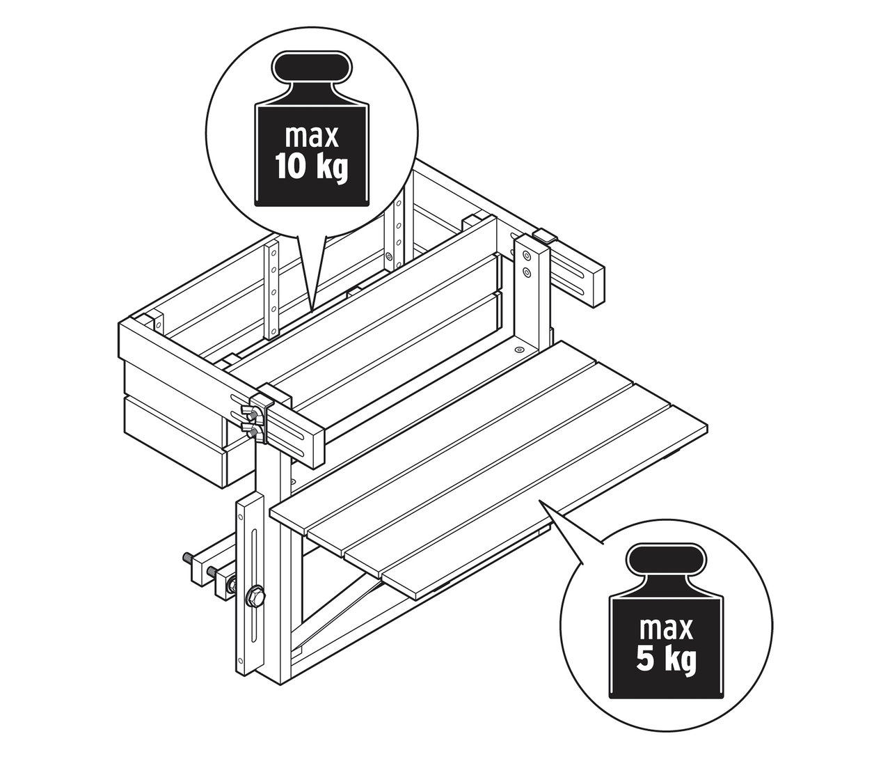 Illustration einer Holzkonstruktion mit Gewichtsangaben von maximal 10 kg und 5 kg.