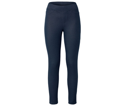 Dunkelblaue Leggings mit angedeuteten Taschen und angedeutetem Reißverschluss.