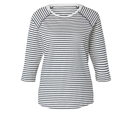 Gestreiftes, weißes Langarmshirt mit schwarzen Streifen.