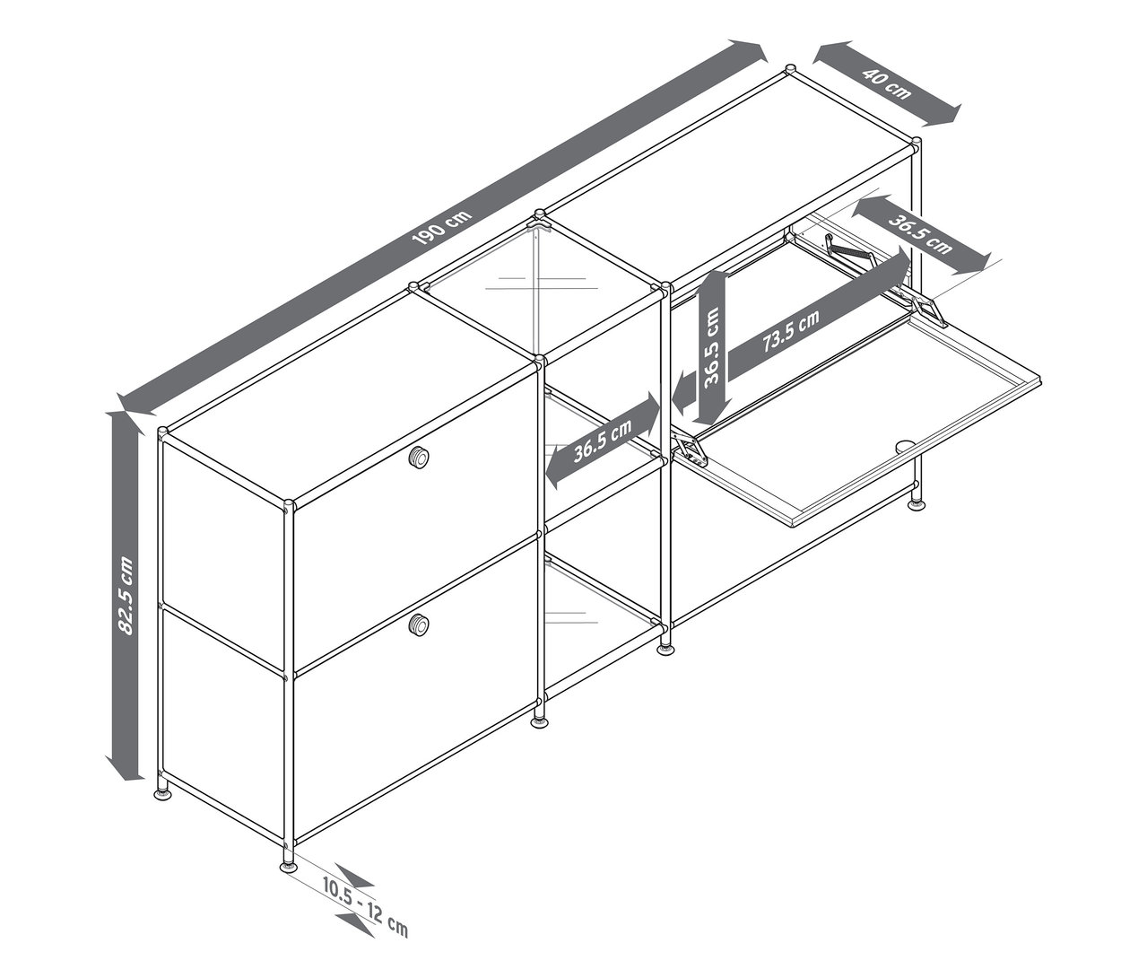 Draufsicht eines Sideboards Metall »CN3« mit 4 Klappenfächern in verschiedenen Farben und Größenangaben.