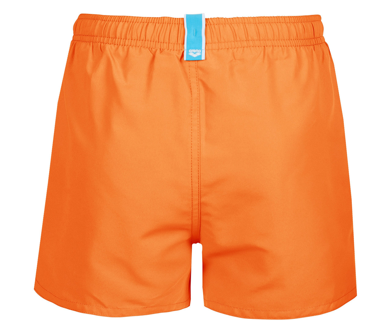 Nahaufnahme der Rückseite einer orangefarbenen Badehose mit blauem Arena-Logo.