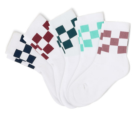 Fünf weiße Socken mit Schachbrettmuster in Marineblau, Burgunderrot, Dunkelgrün, Türkis und Lila liegen nebeneinander.