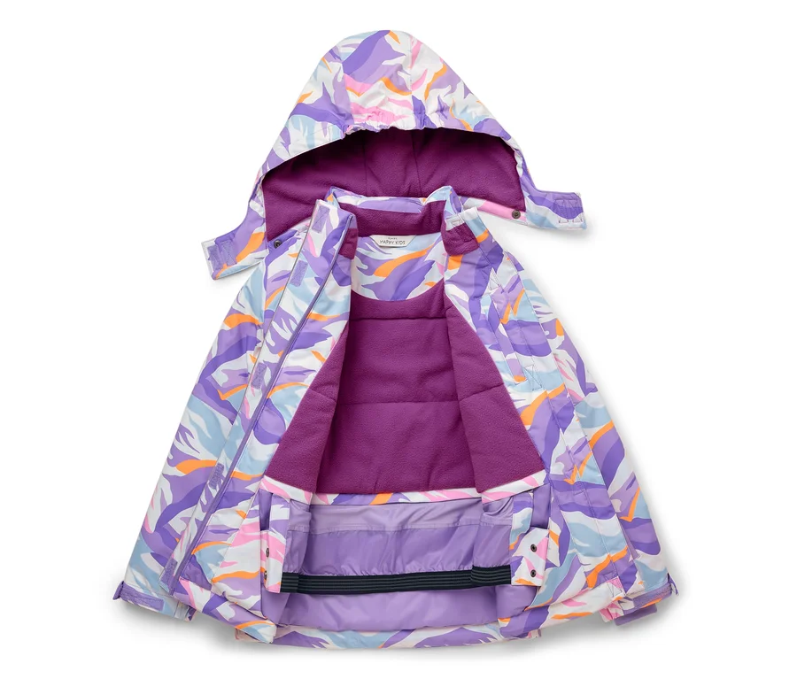 Offene Kinder-Winterjacke mit buntem, abstraktem Muster in Lila, Orange, Pink und Blau, die ein lilafarbenes Fleecefutter und einen internen Schneefang zeigt.