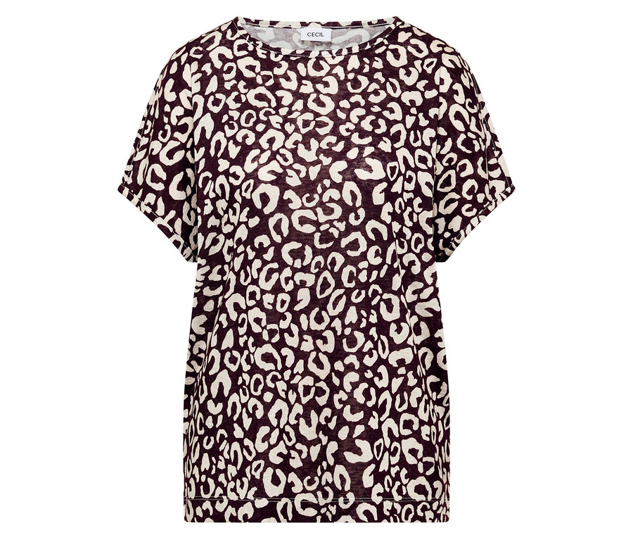 Burgunderrotes CECIL Kurzarmshirt mit hellem Leopardenmuster.