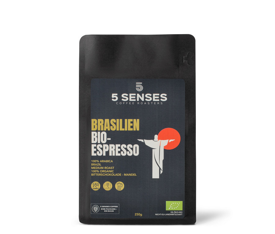 Eine 250g Packung 5 Senses Brazil Bio-Espresso Ganze Bohne. Auf der Packung sind eine Statue von Cristo Redentor und ein roter Kreis abgebildet.