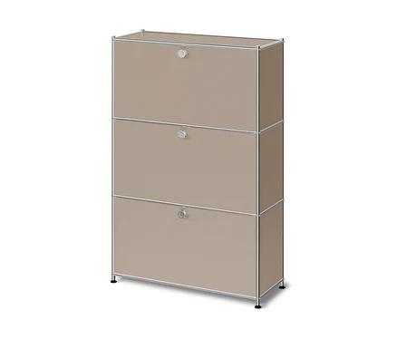 Taupefarbene Metallkommode »CN3 Slim Line« mit 3 Klappfächern und silbernem Rahmen.