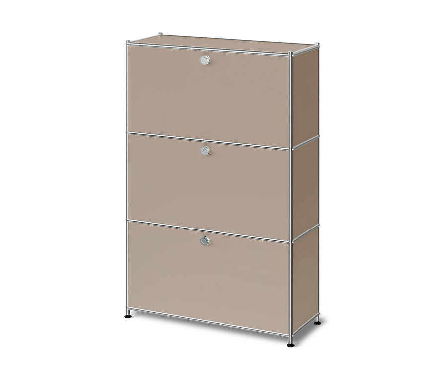Taupefarbene Metallkommode »CN3 Slim Line« mit 3 Klappfächern und silbernem Rahmen.