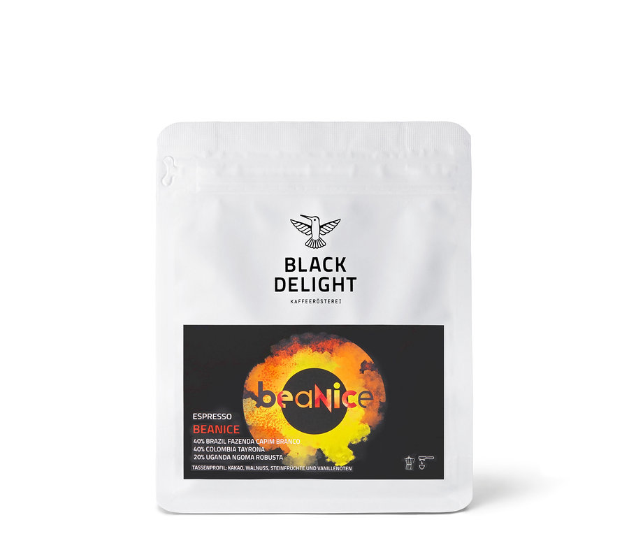 Eine Packung Black Delight - BEANICE Espresso - 250 g ganze Bohne.