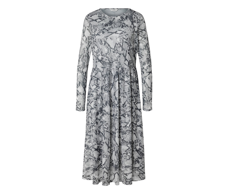 Langärmeliges Midikleid mit Rundhalsausschnitt und grauem Schlangenmuster. Der Rockteil ist in der Taille gerafft.