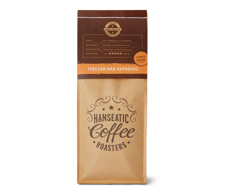 Eine Packung Hanseatic - Italian Bar Espresso - 1 kg Ganze Bohne.