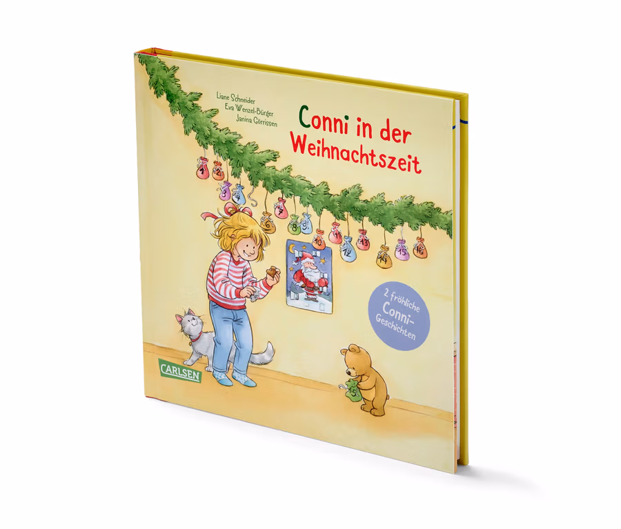 Ein illustriertes Kinderbuch mit dem Titel „Conni in der Weihnachtszeit“ zeigt ein gezeichnetes Mädchen, eine Katze und einen Teddybären in einer weihnachtlichen Umgebung.