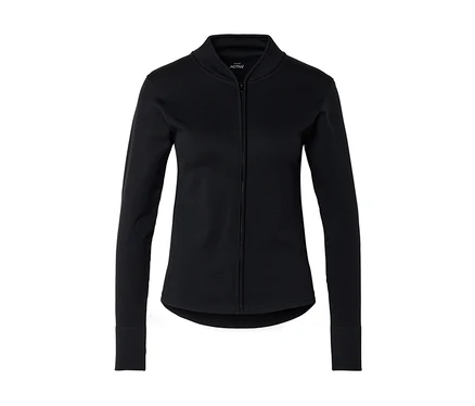 Schwarze Jacke mit durchgehendem Reißverschluss, Stehkragen und langen Ärmeln.