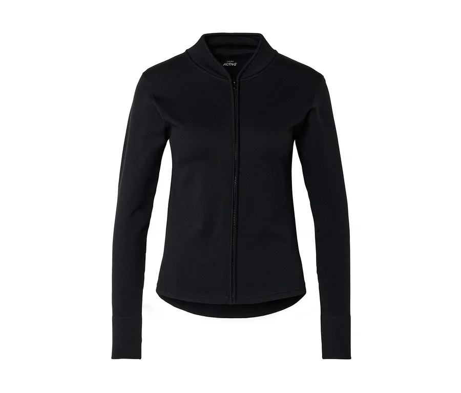 Schwarze Jacke mit durchgehendem Reißverschluss, Stehkragen und langen Ärmeln.