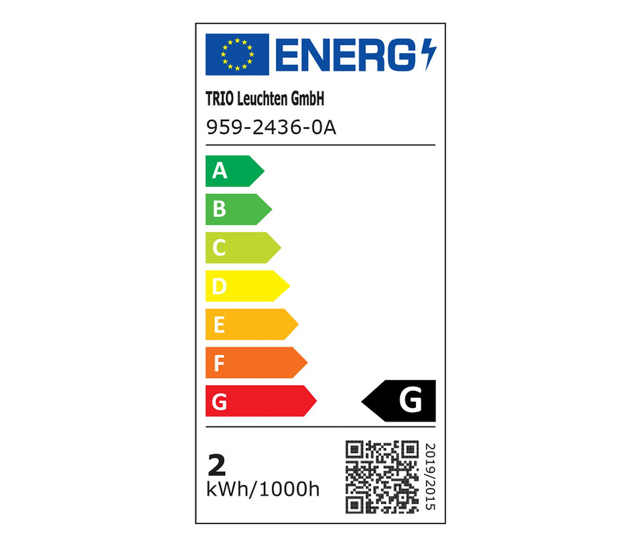 Energielabel von TRIO Leuchten GmbH, 959-2436-0A, mit Energieeffizienzklasse G und einem Verbrauch von 2 kWh/1000h.