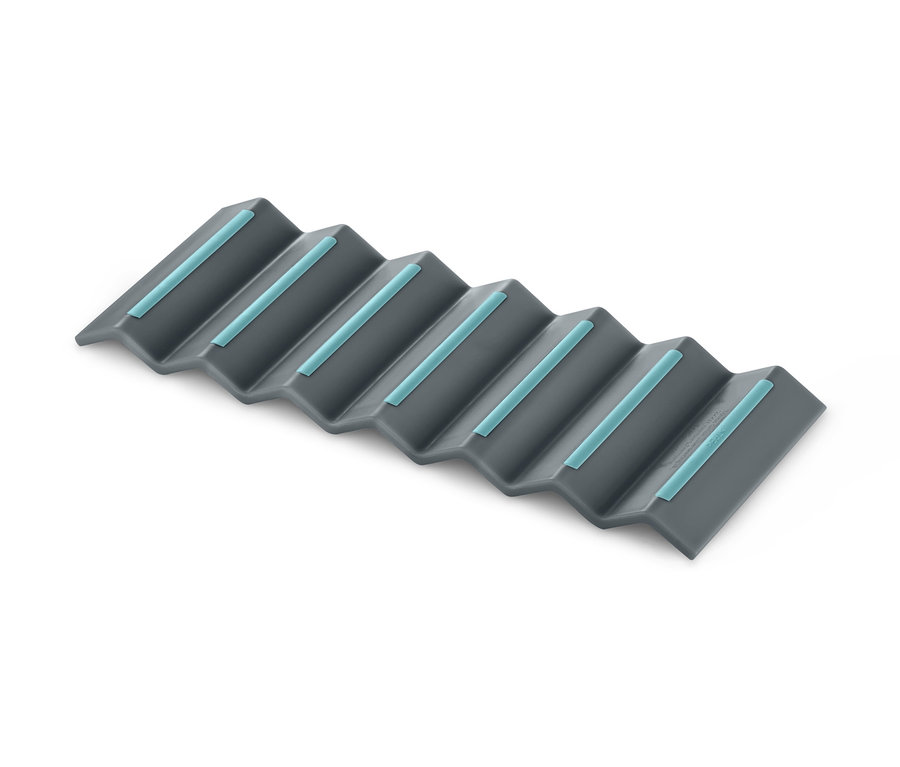 Grauer Kühlschrank-Flaschenhalter mit blauen Antirutschstreifen.