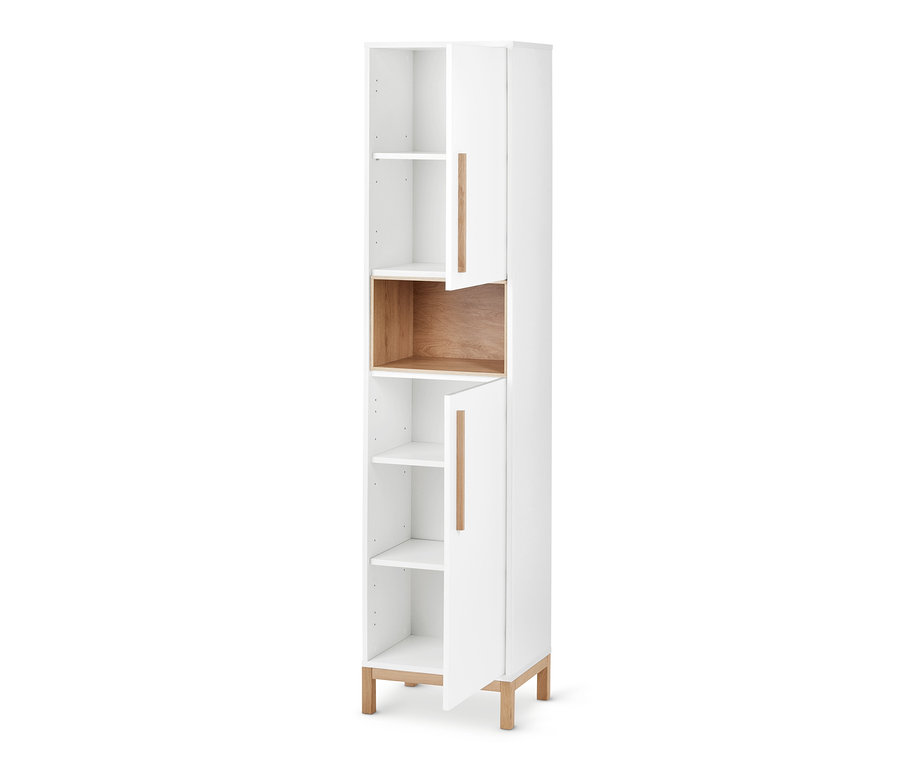 Weißer Bad-Hochschrank »Eklund« mit offenen Türen und Holzdetails.