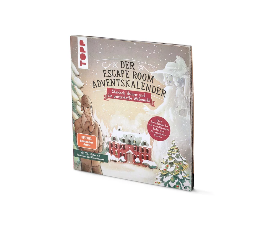 Nahaufnahme des Escape-Adventskalenderbuchs »Sherlock Holmes und die geisterhafte Weihnacht«.