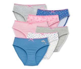 1x blau mit Delfin-Motiv, 1x weiss mit mehrfarbigem Punkte-Alloverprint, 1x grau-weiss gestreift, 1x rosa-weiss gestreift, 1x rosa mit Delfin-Alloverprint, 1x blau mit mehrfarbigem Punkte-Alloverprint, 1x grau mit Defhin-Motiv