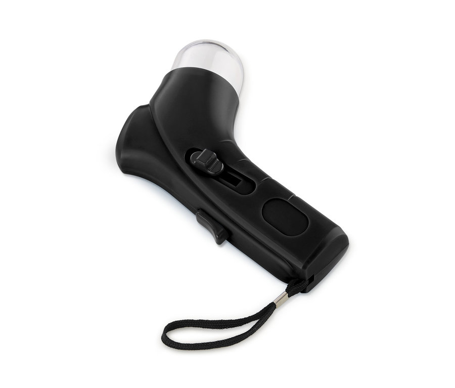 Schwarzer Haustier-Snackdispenser mit transparentem Behälter.