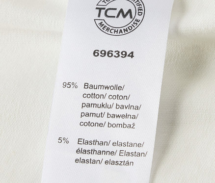 Etikett mit Materialinformationen für 5 Baby-Bodys mit Mitwachsfunktion, bestehend aus 95 % Baumwolle und 5 % Elasthan.