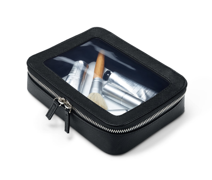 Schwarze Aufbewahrungstasche mit transparentem Oberteil und silbernem Reißverschluss.