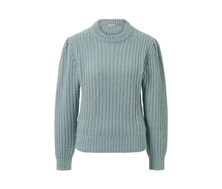 Rauchblauer Grobstrick-Pullover mit Wolle.