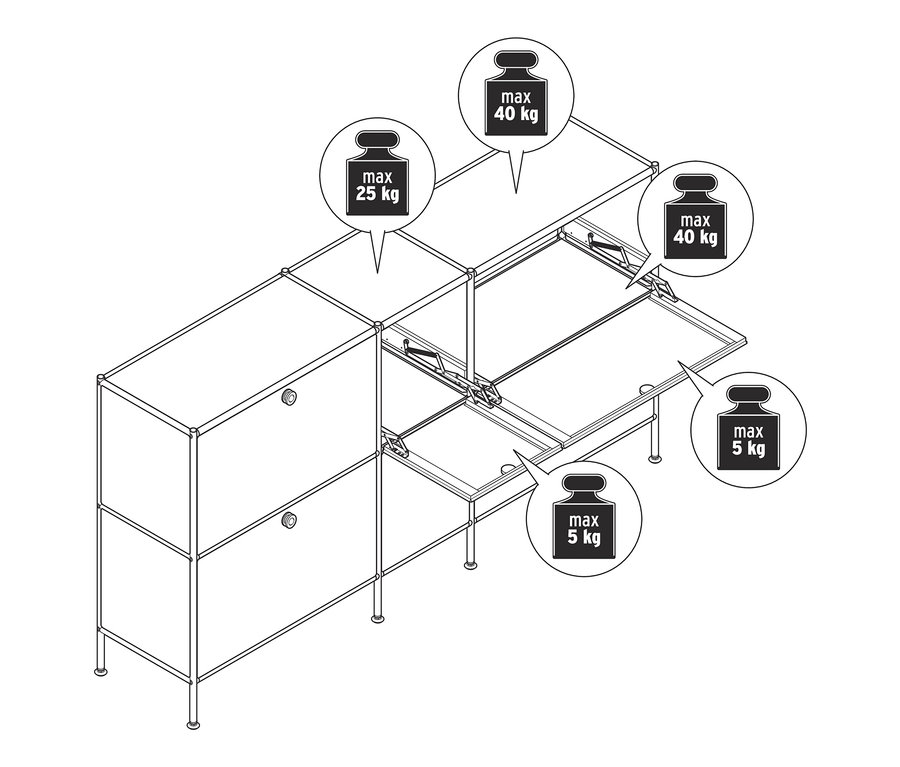 Skizze eines Metallsideboards »CN3« mit 6 Klappenfächern, wobei einige Fächer geöffnet sind.