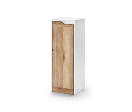 Weißer Beistellschrank mit Holztür.