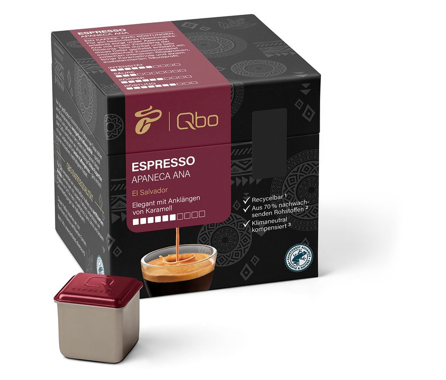 Eine Packung Qbo Espresso APANECA ANA - 27 Kapseln und eine Kapsel neben der Packung.