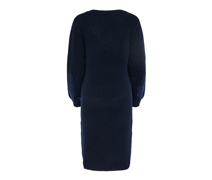 Dunkelblaues Strickkleid mit Pailletten.