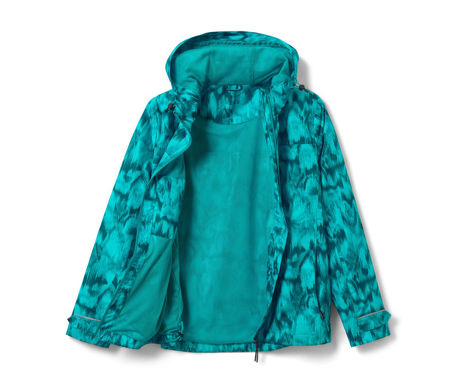 Offene, türkisgrüne Regenjacke mit Alloverprint.
