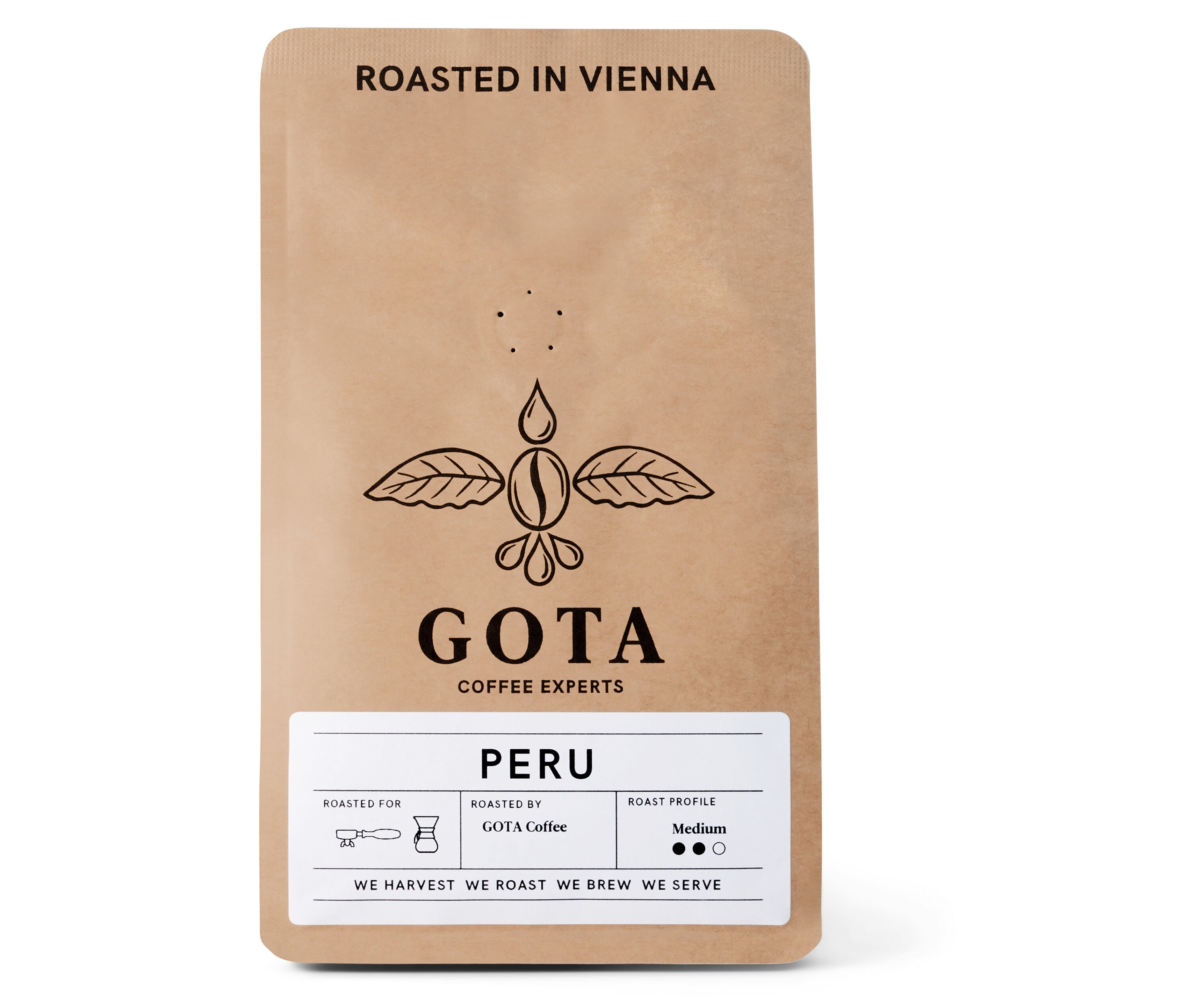 Braune Packung Gota Coffee - Peru Omni-Roast - 250 g Ganze Bohne.