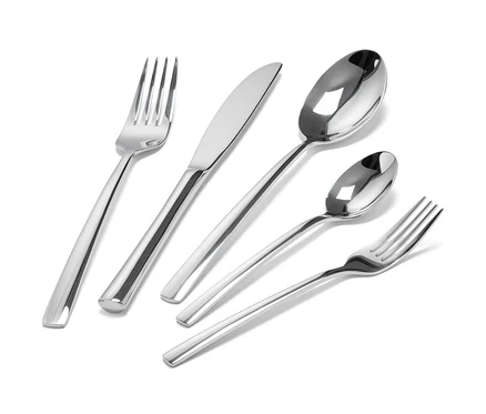 Besteck-Set, 20-teilig, edelstahlfarben, mit zwei Gabeln, einem Messer und zwei Löffeln.