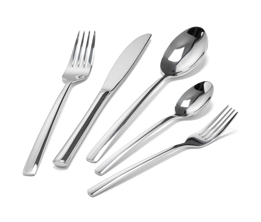 Besteck-Set, 20-teilig, edelstahlfarben, mit zwei Gabeln, einem Messer und zwei Löffeln.