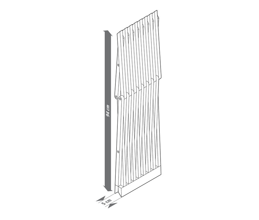 Illustration eines zusammengeklappten Hockers mit den Maßen 94 cm Höhe und 5 cm Breite.