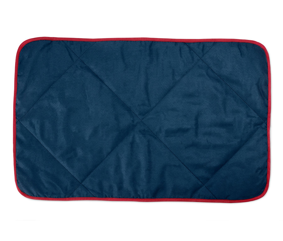 Blaue Hunde-Kuscheldecke mit roter Bordüre.