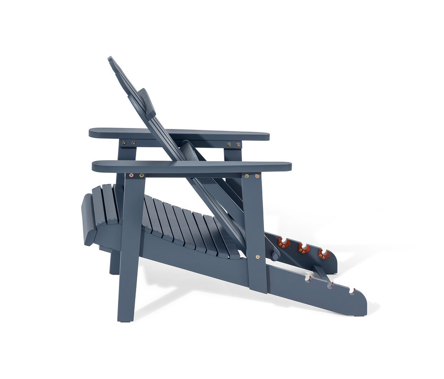 Detailansicht von der Seite eines einzelnen Adirondack Relax-Sessels mit ausziehbarer Fußlehne in Grau.
