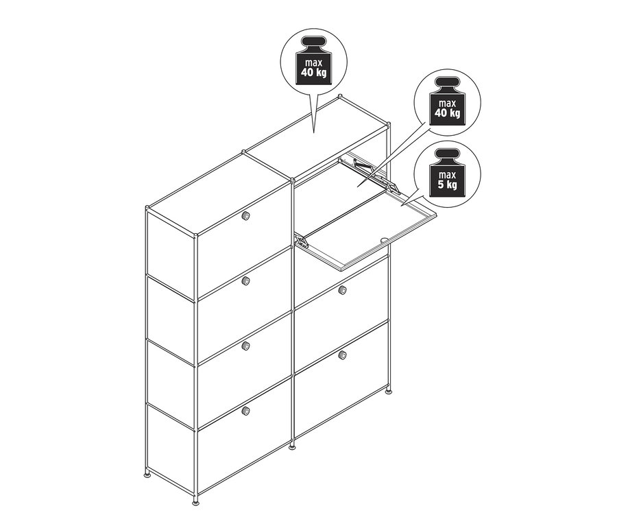 Zeichnung eines Highboards »CN3« mit acht Klappen, wobei eine Klappe geöffnet ist.