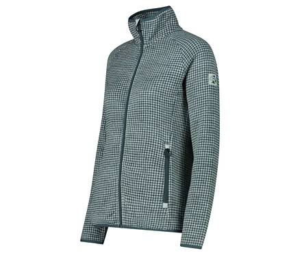 Eine Hahnentrittmuster-Jacke mit Reißverschluss und Stehkragen in Blautönen.
